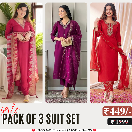 3 Combo Pack | Women’s Suit Set with Dupatta | S-10