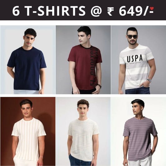 6 T-Shirt Combo | Premium Crew Neck Textured Perfect Fit & Everyday Comfort | T-50