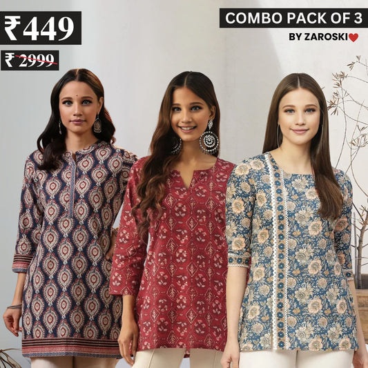 3 Combo Pack Cotton Short Kurtis | Summer Cotton Bliss | 3/4 Sleeve | C-168