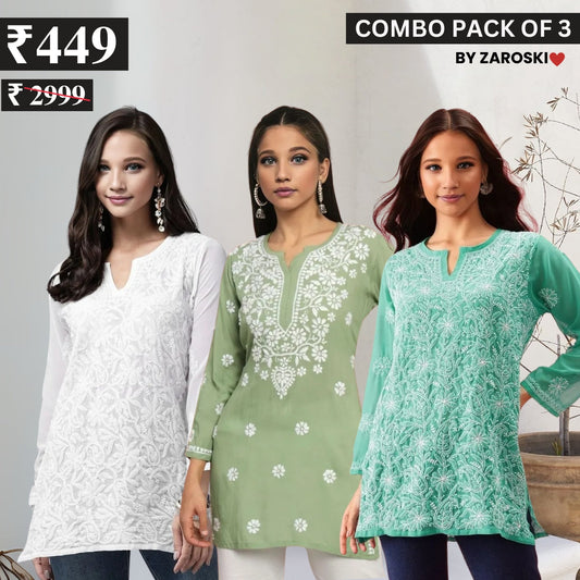 3 Combo Pack Cotton Short Kurtis | Summer Cotton Bliss | 3/4 Sleeve | C-170