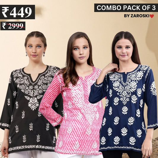 3 Combo Pack Cotton Short Kurtis | Summer Cotton Bliss | 3/4 Sleeve | C-153