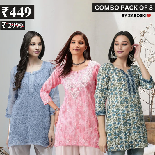 3 Combo Pack Cotton Short Kurtis | Summer Cotton Bliss | 3/4 Sleeve | C-156
