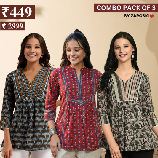3 Combo Pack Cotton Short Kurtis | Summer Cotton Bliss | 3/4 Sleeve | C-159