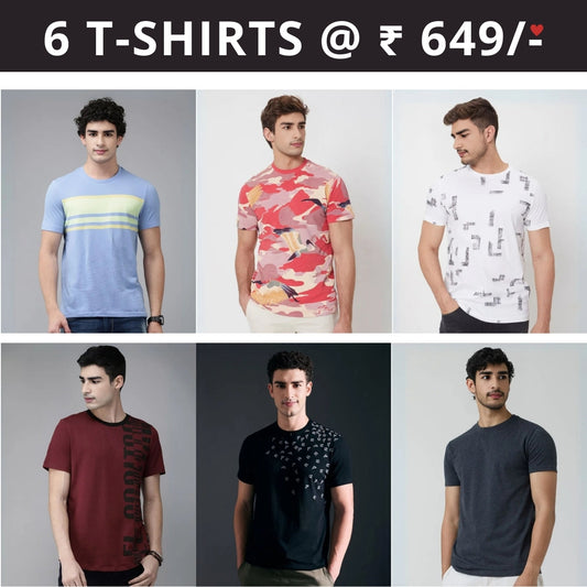 6 T-Shirt Combo | Premium Crew Neck Textured Perfect Fit & Everyday Comfort | T-49